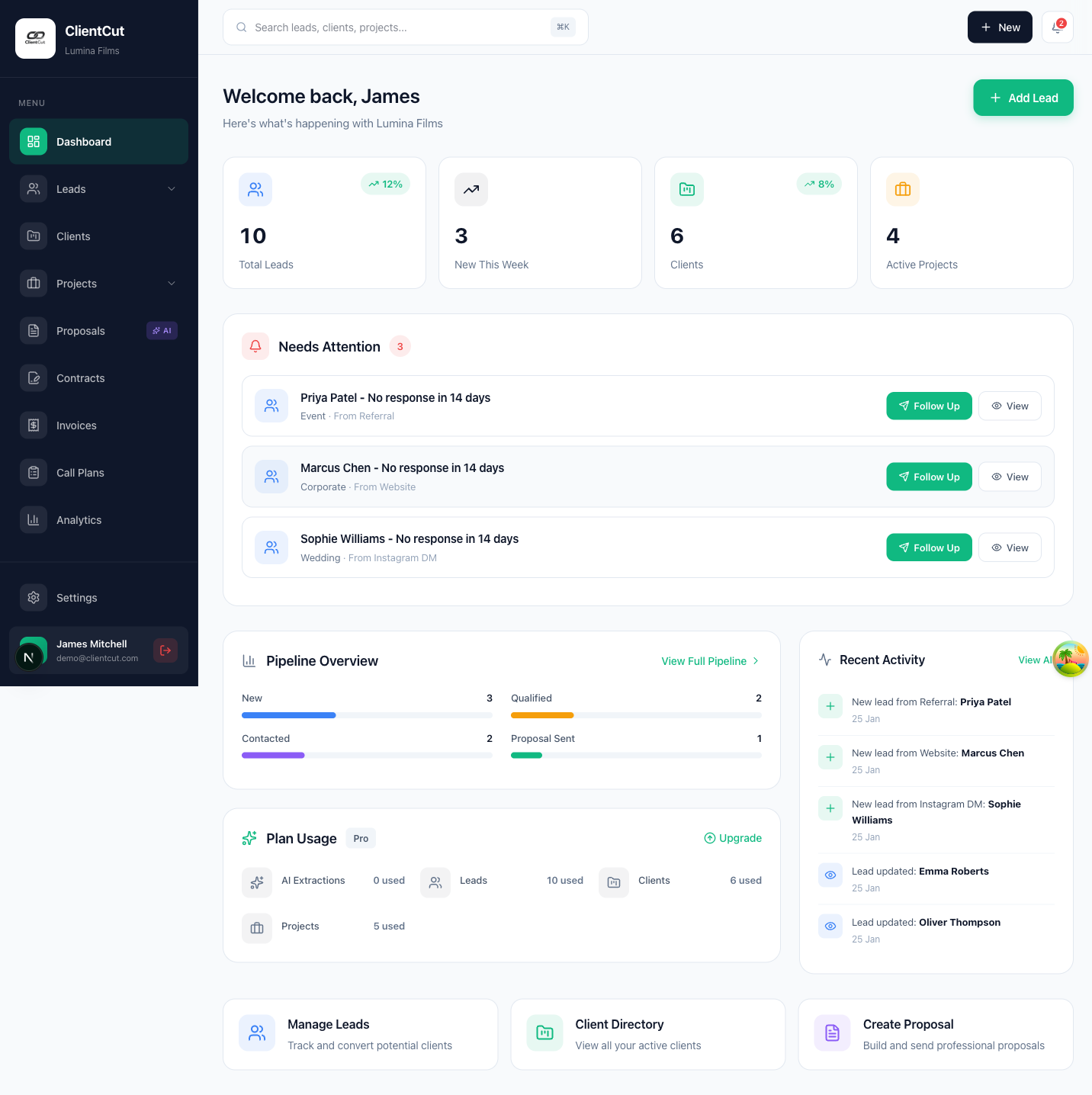 Clients Cut Dashboard — Lead pipeline, revenue tracking, and project management