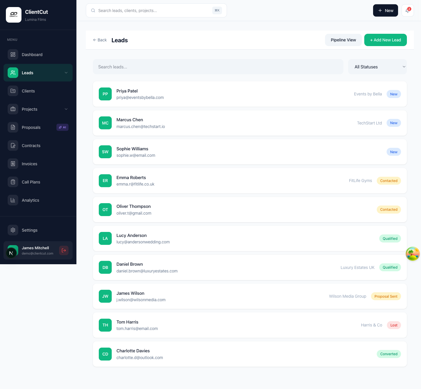 Lead list inside a website CRM