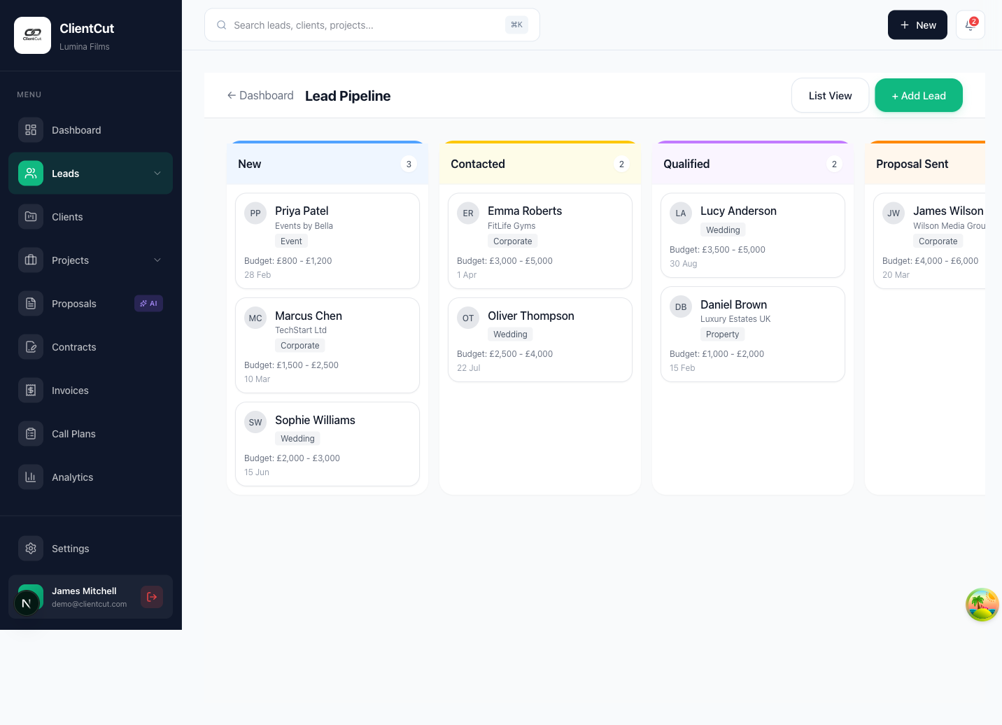 Visual lead pipeline with kanban board
