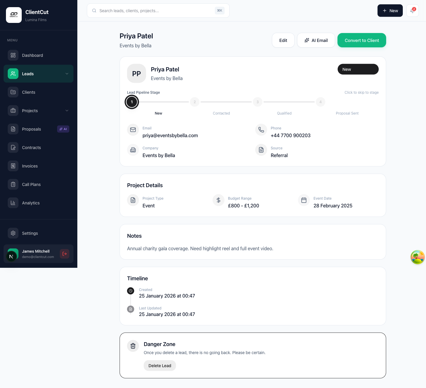 Lead detail and quote form preview