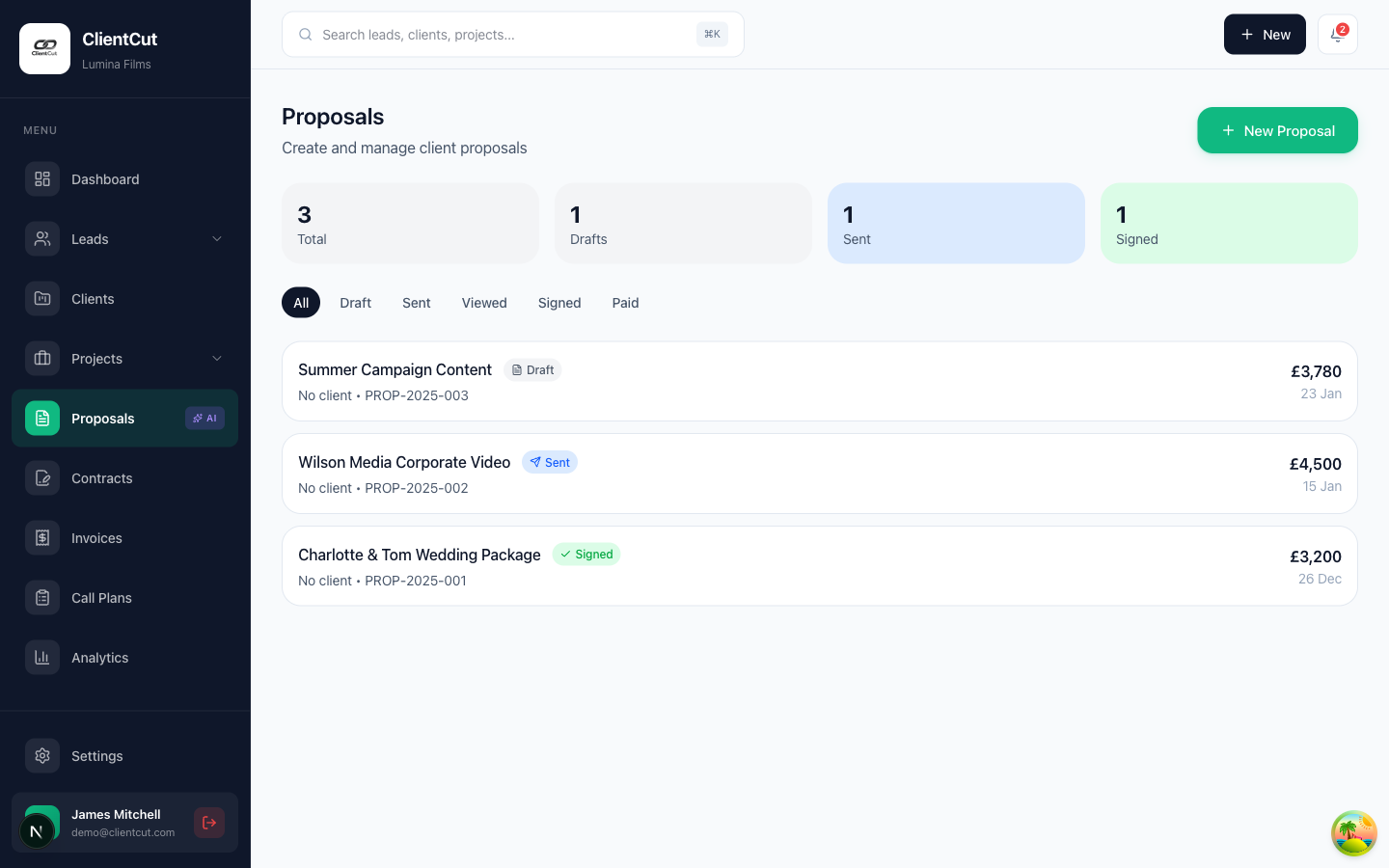 Proposals management with status tracking