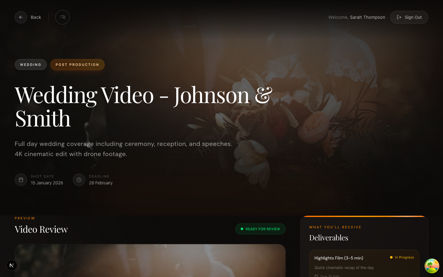 Client Portal — Wedding project with video review and deliverables