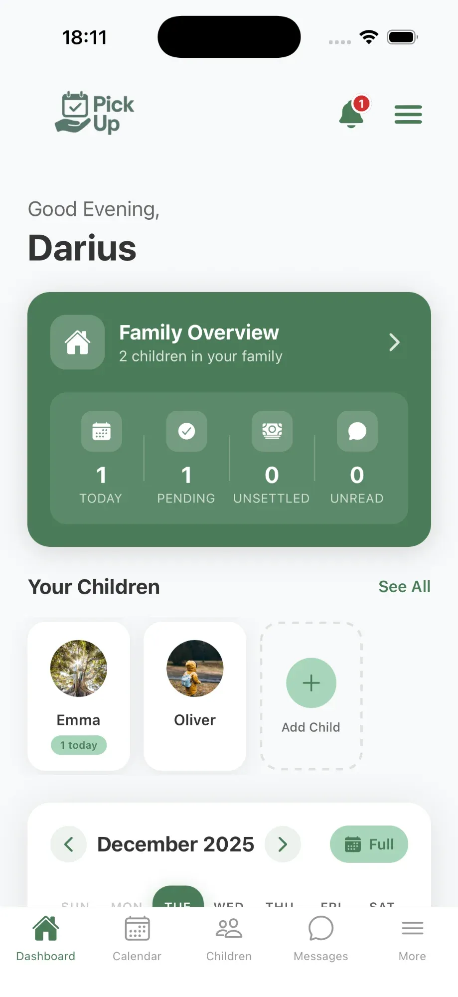 Pick Up app — shared dashboard showing calendar, expenses, and messages