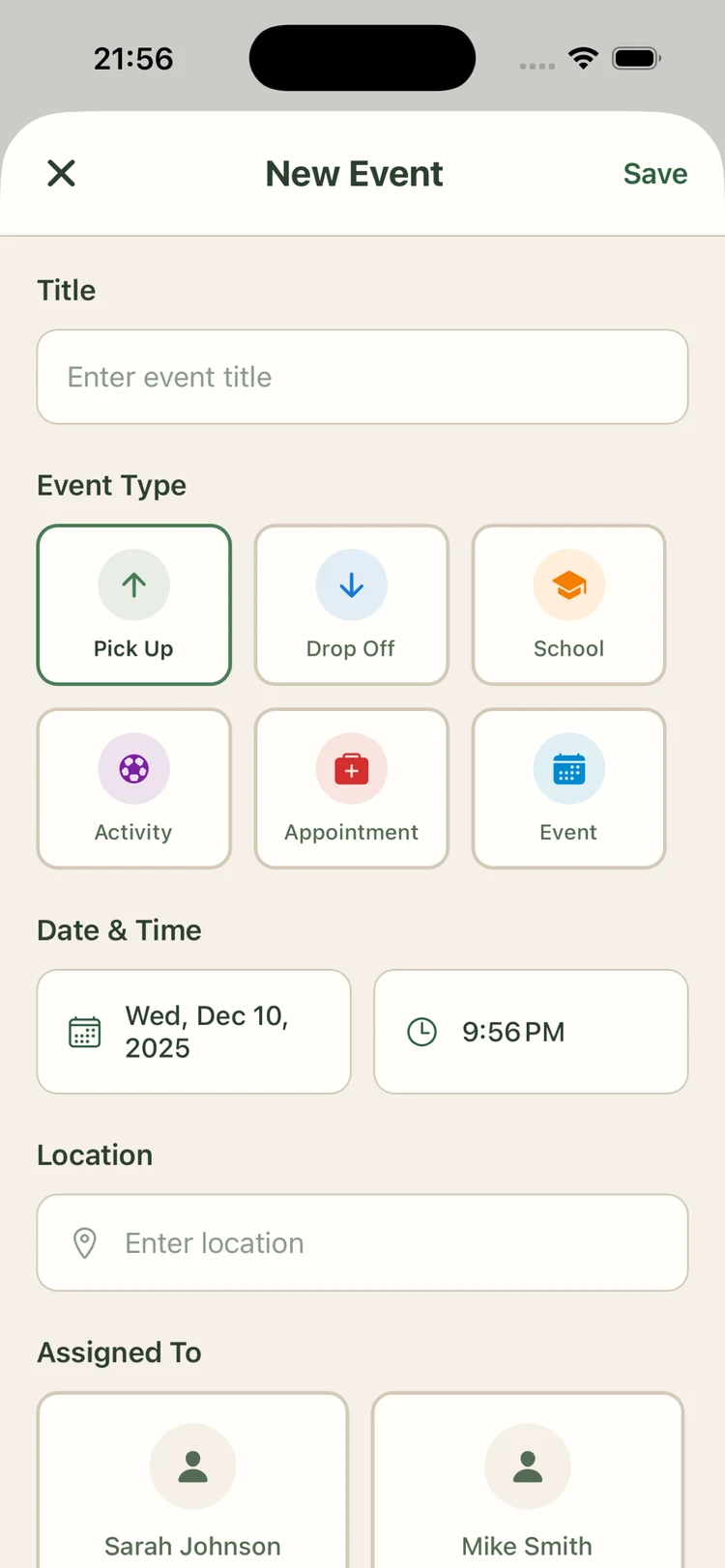 Pick Up new event screen