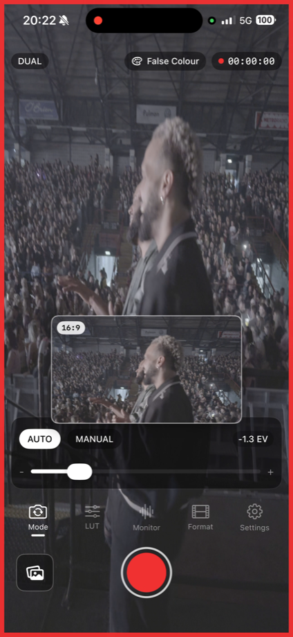 RatioRoll capturing a performer at a live concert, with the floating 16:9 preview, False Colour exposure overlay, and pro exposure controls visible
