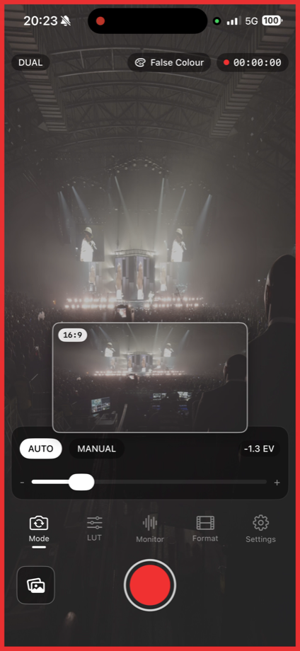 RatioRoll recording an atmospheric concert stage with stage lights, demonstrating low-light dual-camera capture